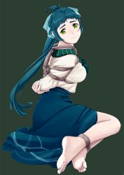 Rule 34 | 1girl, absurdres, ahoge, alternate costume, bad id, bad twitter id, barefoot, beige blouse, bound, commentary request, full body, green eyes, green hair, green skirt, grey background, highres, irako (kancolle), kantai collection, long hair, looking at viewer, ojipon, ponytail, rope, simple background, sitting, skirt, solo, tied up, yokozuwari
