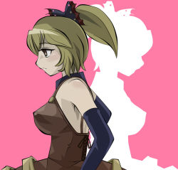 Rule 34 | 1girl, bare shoulders, blonde hair, bow, breasts, brown eyes, dress, elbow gloves, female focus, gloves, hair bow, hair up, jade (jyade), jade (zbbc), kurodani yamame, large breasts, aged up, ponytail, short hair, solo, the iron of yin and yang, touhou