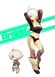 Rule 34 | 1girl, ahoge, angel (kof), belt, black panties, blue eyes, boots, breasts, character name, chibi, cleavage, dual persona, fuchsia, full body, hair over one eye, hand on own hip, hip focus, jacket, medium breasts, navel, no pants, panties, short hair, simple background, sleeves rolled up, snk, standing, strapless, the king of fighters, thighhighs, tube top, underwear, white background, white hair