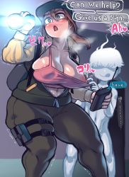 Rule 34 | 1boy, 1girl, :o, absurdres, areola slip, breasts, brown hair, clothes, clothes grab, embarrassed, english text, flashlight, ghost, green eyes, hair between eyes, hat, heart, highres, large breasts, long hair, medium hair, minami aomori, nipples, open mouth, phasmophobia, ponytail, size difference, smile, speech bubble, sweat, thick thighs, thighs, tongue, tongue out, trembling