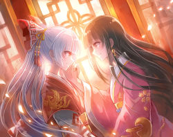 Rule 34 | 2girls, 60mai, alternate costume, black hair, bow, closed mouth, commentary request, dutch angle, earrings, eye contact, from side, fujiwara no mokou, hair bow, hair ornament, hand on another&#039;s cheek, hand on another&#039;s face, hime cut, houraisan kaguya, indoors, japanese clothes, jewelry, kimono, long hair, looking at another, multiple girls, obi, pink kimono, ponytail, red eyes, sash, smile, tears, touhou, upper body, very long hair, white bow, white hair, wide sleeves