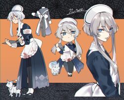 Rule 34 | 1boy, alternate costume, androgynous, animal, apron, armband, black footwear, black pants, blood, blood on clothes, blue coat, blue eyes, chibi, clipboard, clothes down, coat, english text, fox, grey background, hair between eyes, hakusan yoshimitsu, hakusan yoshimitsu&#039;s fox, hat, holding, holding clipboard, holding pen, leaning forward, long sleeves, looking at viewer, looking to the side, lunapont, male focus, multiple views, nurse, nurse cap, orange background, pants, partially undressed, pen, shoes, short hair with long locks, silk, smile, socks, spider web, touken ranbu, twitter username, white apron, white headwear, white socks