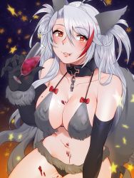 Rule 34 | 1girl, alcohol, animal ears, antenna hair, azur lane, bare shoulders, bikini, black gloves, bow, breasts, cleavage, collarbone, cross, cup, drinking glass, elbow gloves, fang, gloves, grin, hair between eyes, hair intakes, halloween, highres, holding, iron cross, large breasts, long hair, looking at viewer, maitei roppa, mole, mole on breast, multicolored hair, navel, orange eyes, prinz eugen (azur lane), red bow, red hair, silver hair, smile, solo, star (symbol), streaked hair, swimsuit, tail, teeth, two-tone hair, very long hair, wine, wine glass, wolf ears, wolf tail