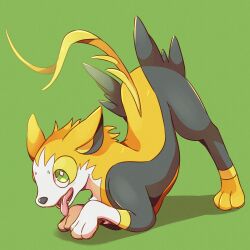 Rule 34 | animal focus, arched back, blush, boltund, bright pupils, creatures (company), dog, fangs, game freak, gen 8 pokemon, green background, green eyes, happy, highres, kechon-san, looking at viewer, nintendo, no humans, open mouth, pokemon, pokemon (creature), simple background, smile, solo, tongue, tongue out, top-down bottom-up, white pupils