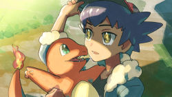 Rule 34 | 1boy, aged down, baseball cap, black shirt, charmander, commentary request, creatures (company), dark-skinned male, dark skin, day, fire, flame-tipped tail, fur-trimmed jacket, fur trim, game freak, gen 1 pokemon, hand on headwear, hat, holding, holding pokemon, jacket, leon (pokemon), male focus, nintendo, open mouth, outdoors, pokemon, pokemon (creature), pokemon swsh, shirt, smile, suruga dbh, teeth, tongue, yellow eyes