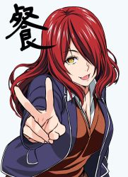 Rule 34 | 10s, 1girl, :d, blazer, breasts, cleavage, fang, hair over one eye, highres, jacket, kobayashi rindou, large breasts, long hair, long sleeves, looking at viewer, open mouth, red hair, school uniform, shitaya tomoyuki, shokugeki no souma, slit pupils, smile, solo, text focus, upper body, v, yellow eyes