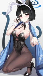 Rule 34 | 1girl, absurdres, animal ears, black eyes, black footwear, black hair, black leotard, black nails, black pantyhose, blue archive, blue halo, blunt bangs, blush, bow, bowtie, breasts, cat ears, cat tail, choker, cleavage, covered navel, detached collar, fake animal ears, grey background, hairband, halo, haori, high heels, highleg, highleg leotard, highres, japanese clothes, kikyou (blue archive), kimono on shoulders, leotard, looking at viewer, medium breasts, multiple tails, pantyhose, parted lips, paw pose, pizza (pizzania company), playboy bunny, rabbit ears, ribbon choker, short hair, simple background, solo, strapless, strapless leotard, tail, traditional bowtie, two tails, white background, wrist cuffs