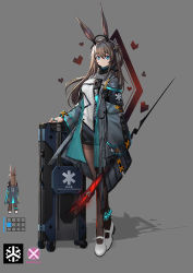 Rule 34 | 1girl, alternate costume, alternate hair length, alternate hairstyle, amiya (arknights), animal ears, arknights, artist name, black scarf, blue eyes, brown hair, character sheet, chinese commentary, choker, commentary request, corrupted metadata, crossed legs, expressionless, full body, grey background, headset, heart, highres, holding, holding staff, jacket, long hair, long sleeves, looking at viewer, mahousho, multiple views, off-shoulder jacket, off shoulder, open clothes, open jacket, originium arts (arknights), pantyhose, rabbit ears, ribbed sweater, scarf, simple background, staff, standing, stethoscope, sweater, watermark, white footwear