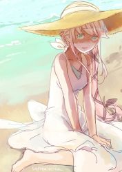 Rule 34 | 10s, 1girl, alternate costume, beach, between legs, black ribbon, breasts, closed mouth, day, dress, full body, green eyes, hair flaps, hair ribbon, hand between legs, hat, highres, ichinashi, kantai collection, long hair, looking at viewer, ocean, outdoors, pink hair, ribbon, shaded face, side ponytail, sitting, smile, solo, straw hat, twitter username, very long hair, wariza, water, white dress, yura (kancolle)