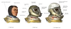 1boy astronaut diagram english_text head_only helmet highres looking_to_the_side male_focus mask original respirator solo space_helmet whaleoil white_background