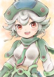 Rule 34 | 1girl, :d, absurdres, between breasts, blush, breasts, child, cowboy hat, curly hair, gloves, green gloves, green hair, green hat, hat, helmet, higemaccho, highres, long sleeves, looking at viewer, made in abyss, medium breasts, multicolored hair, necktie, necktie between breasts, open mouth, prushka, red eyes, shirt, short hair, simple background, smile, solo, streaked hair, white hair, white shirt