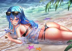 Rule 34 | 1girl, alternate costume, ass, beach, bikini, black bikini, blue eyes, blue hair, blush, breasts, day, earrings, eyelashes, eyewear on head, feet out of frame, from side, hair between eyes, hand up, head rest, highres, holding, hololive, hoshimachi suisei, jagoo, jewelry, long hair, looking at viewer, lying, ocean, off shoulder, on stomach, open mouth, outdoors, sand, sea cucumber, see-through, see-through shirt, shiny skin, shirt, sidelocks, small breasts, smile, solo, star (symbol), star in eye, starfish, sunglasses, swimsuit, symbol in eye, thighs, variant set, virtual youtuber, water, wet, wet clothes, wet shirt