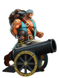 Rule 34 | 1boy, abs, angry, bandana, belt, black hair, bomb, bracer, cannon, cannonball, clenched hand, cross, explosive, kongai, male focus, muscular, pirate, simple background, solo, tattoo, white background