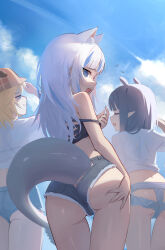 Rule 34 | 3girls, @ @, absurdres, animal ears, ass, ass grab, blonde hair, blue eyes, blue hair, blue shorts, blue sky, cat ears, closed eyes, cloud, cloudy sky, commentary, crop top, day, deerstalker, extra ears, fins, fish tail, flying sweatdrops, from behind, gawr gura, grabbing own ass, hand on own ass, hat, highres, hirotaka0125, hololive, hololive english, long hair, looking at viewer, looking back, multicolored hair, multiple girls, ninomae ina&#039;nis, open mouth, outdoors, pointy ears, purple hair, shading eyes, shark girl, shark tail, shirt, short hair, short shorts, shorts, sidelocks, sky, solo focus, strap slip, streaked hair, tail, thigh gap, virtual youtuber, watson amelia, wavy mouth, white hair, white shirt
