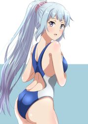 Rule 34 | 1girl, ass, bare shoulders, blue background, blue hair, blue one-piece swimsuit, blush, breasts, commentary request, cowboy shot, dars (recolors), facing away, gradient hair, grey eyes, hand on own chest, hands up, high ponytail, kawasaki saki, leaning forward, long hair, looking at viewer, looking back, medium breasts, mole, mole under eye, multicolored hair, one-piece swimsuit, open mouth, pink scrunchie, ponytail, scrunchie, sidelocks, simple background, smile, solo, standing, swimsuit, two-tone background, very long hair, white background, yahari ore no seishun lovecome wa machigatteiru.