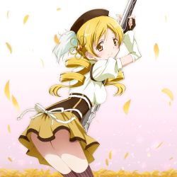 Rule 34 | 10s, 1girl, ass, beret, blonde hair, drill hair, from behind, gradient background, gun, hat, highres, kinfuji, long hair, magical girl, mahou shoujo madoka magica, mahou shoujo madoka magica (anime), rifle, solo, striped clothes, striped thighhighs, thighhighs, tomoe mami, twin drills, twintails, vertical-striped clothes, vertical-striped thighhighs, weapon, yellow eyes