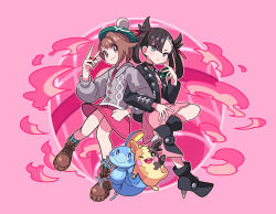 Rule 34 | 2girls, ankle boots, asymmetrical bangs, black choker, black footwear, black hair, black jacket, bob cut, boots, brown eyes, brown footwear, brown hair, buttons, cable knit, cardigan, choker, closed mouth, collared dress, commentary request, creatures (company), dress, dusk ball, game freak, gen 8 pokemon, gloria (pokemon), green eyes, green headwear, green socks, grey cardigan, hair ribbon, hand up, hat, highres, holding, holding poke ball, hooded cardigan, jacket, locked arms, looking at viewer, marnie (pokemon), morpeko, morpeko (full), multiple girls, nintendo, open clothes, open jacket, pink dress, plaid socks, poke ball, poke ball (basic), pokemon, pokemon (creature), pokemon swsh, red ribbon, ribbon, short hair, smile, sobble, socks, sutokame, tam o&#039; shanter