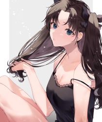 Rule 34 | 1girl, alternate costume, bare shoulders, black ribbon, blue eyes, breasts, brown hair, cleavage, collarbone, fate/stay night, fate (series), from side, grey background, hair ribbon, hand up, highres, long hair, medium breasts, off shoulder, parted bangs, parted lips, ribbon, shimatori (sanyyyy), solo, teeth, tohsaka rin, two side up, white background