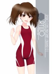 Rule 34 | 1girl, artist name, brown eyes, brown hair, character name, competition swimsuit, cowboy shot, eyes visible through hair, flat chest, hair between eyes, highres, inaba shiki, kantai collection, long hair, looking at viewer, multicolored clothes, multicolored swimsuit, one-piece swimsuit, open mouth, red one-piece swimsuit, ryuujou (kancolle), smile, solo, standing, striped clothes, striped one-piece swimsuit, swimsuit, twintails, vertical-striped clothes, vertical-striped one-piece swimsuit