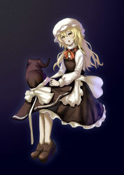 Rule 34 | 1girl, absurdres, alternate headwear, apron, black hat, blonde hair, bloody cuke, blush, bow, full body, hat, highres, kirisame marisa, long hair, long sleeves, mob cap, open mouth, outer glow, shoes, simple background, sitting, solo, touhou, waist apron, white hat, white legwear, witch hat, yellow eyes