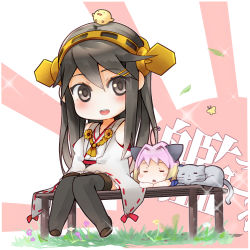Rule 34 | 00s, 10s, 1girl, :d, ahoge, amder, animal ears, bad id, bad pixiv id, bare shoulders, bench, bird, brown hair, cat, chibi, double bun, gradient hair, hair ornament, hairband, haruna (kancolle), headgear, japanese clothes, kantai collection, long hair, looking at viewer, multicolored hair, multiple girls, open mouth, personification, potemayo, potemayo (character), ribbon-trimmed sleeves, ribbon trim, short hair, sleeping, smile, thighhighs