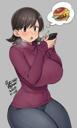 Rule 34 | 1girl, :o, agawa ryou, blush, breasts, brown eyes, brown hair, burger, cellphone, commentary, curvy, english commentary, food, grey background, holding, holding phone, huge breasts, medium hair, open mouth, original, pants, phone, saliva, short hair, simple background, sitting, sleeves past wrists, smartphone, solo, sweater, thick thighs, thighs, turtleneck, turtleneck sweater