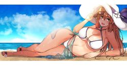 Rule 34 | 1girl, artist name, beach, bikini, blue sky, blush, breasts, brown hair, cleavage, cloud, cloudy sky, criss-cross halter, day, etsem, full body, girls&#039; frontline, gluteal fold, green eyes, hair between eyes, halterneck, hat, jpeg artifacts, large breasts, letterboxed, long hair, looking at viewer, lying, navel, o-ring, o-ring bikini, official alternate costume, on side, one-piece tan, outdoors, sandals, sarong, sky, solo, springfield (girls&#039; frontline), springfield (stirring mermaid) (girls&#039; frontline), sun hat, sunglasses, sweat, swimsuit, tan, tanline, thigh gap