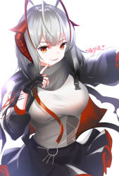 Rule 34 | 1girl, ahoge, arknights, black gloves, black jacket, black skirt, breasts, brown eyes, chinese commentary, commentary request, fingerless gloves, gloves, grey scarf, hand up, highres, horns, jacket, large breasts, lingshalan, looking at viewer, miniskirt, open clothes, open jacket, parted lips, scarf, shirt, short hair, silver hair, simple background, skirt, smile, solo, translation request, upper body, w (arknights), white background, white shirt