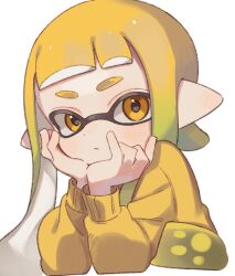 Rule 34 | 1girl, blonde hair, blunt bangs, blush, closed mouth, commentary request, gradient hair, green hair, hands up, head rest, inkling, inkling girl, inkling player character, long hair, long sleeves, looking at viewer, multicolored hair, nintendo, pointy ears, sahata saba, short eyebrows, sidelocks, simple background, solo, splatoon (series), sweater, tentacle hair, thick eyebrows, upper body, white background, yellow eyes, yellow sweater