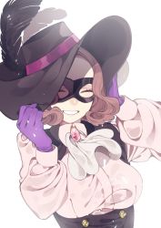 Rule 34 | 10s, 1girl, brown hair, commentary request, ascot, domino mask, closed eyes, gloves, hat, hat feather, mask, medama p5, okumura haru, persona, persona 5, pink sweater, purple gloves, smile, solo, sweater, underbust