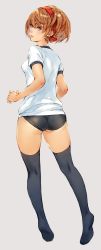 Rule 34 | 1girl, ass, black thighhighs, blue eyes, brown hair, buruma, from behind, full body, grey background, gym uniform, hairband, highres, looking back, makimura shunsuke, no shoes, original, parted lips, revision, short hair, simple background, solo, thighhighs