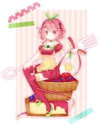 Rule 34 | 1girl, aruya (flosrota), blueberry, bow, cake, food, food-themed clothes, food-themed hair ornament, fork, frills, fruit, hair bow, hair ornament, heart, highres, original, personification, pink thighhighs, raspberry, red thighhighs, ribbon, solo, strawberry, striped clothes, striped thighhighs, tart (food), thighhighs, vertical-striped clothes, vertical-striped thighhighs