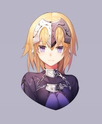 Rule 34 | 1girl, armor, blonde hair, capelet, chain, close-up, closed mouth, commentary request, fate/apocrypha, fate (series), headpiece, jeanne d&#039;arc (fate), jeanne d&#039;arc (ruler) (fate), long hair, looking at viewer, nami qi, portrait, purple eyes, simple background, solo