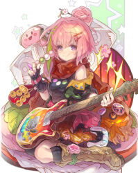 Rule 34 | 1girl, badge, black gloves, black shirt, black socks, blush, boots, breasts, brown footwear, button badge, closed mouth, commentary request, controller, copyright request, dango, electric guitar, fingerless gloves, food, game controller, gloves, green jacket, guitar, hair between eyes, hair bun, hair ornament, hairclip, haku (sabosoda), hand up, headphones, highres, holding, holding food, holding instrument, instrument, jacket, knee boots, kneehighs, medium breasts, open clothes, open jacket, orange skirt, pink hair, pleated skirt, purple eyes, sanshoku dango, shirt, skirt, sleeveless, sleeveless shirt, smile, socks, solo, star (symbol), starry background, virtual youtuber, wagashi, white background