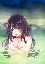 Rule 34 | 1girl, 54hao, blue eyes, blurry, blurry background, blush, breasts, brown hair, collarbone, commentary request, covering privates, covering breasts, depth of field, embarrassed, hair between eyes, head tilt, highres, long hair, looking at viewer, medium breasts, night, night sky, nipples, nude, onsen, open mouth, original, outdoors, partially submerged, sky, solo, steam, very long hair, water