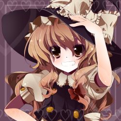 Rule 34 | 1girl, bad id, bad pixiv id, blonde hair, braid, brown eyes, colorized, female focus, gotou nao, grin, hand on headwear, hand on own hip, hat, highres, hip focus, kirisame marisa, rairateru, smile, solo, touhou, upper body, witch, witch hat