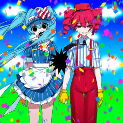 Rule 34 | 2girls, absurdres, apron, aqua hair, arms at sides, badge, black eyes, blue dress, blue hat, blue sky, bow, channel ( caststation), cloud, commentary, confetti, cowboy shot, dress, dress bow, drill hair, empty eyes, floating hair, gloves, grin, hair bow, hat, hatsune miku, highres, holding hands, kasane teto, looking at viewer, maid, maid apron, mesmerizer (vocaloid), multiple girls, nervous, nervous smile, nervous sweating, pants, pinstripe hat, pinstripe pattern, pinstripe shirt, raised eyebrow, red eyes, red hair, red hat, red pants, red suspenders, sailor collar, sharp teeth, shirt, short hair, short sleeves, sky, smile, smiley face, squinting, standing, straight-on, striped bow, striped clothes, striped dress, striped shirt, suspenders, sweat, teeth, twin drills, twintails, uniform, utau, visor cap, vocaloid, white sailor collar, yellow gloves