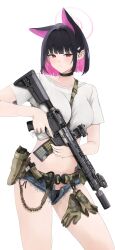 Rule 34 | 1girl, absurdres, animal ears, ar-15, bcm mcmr, black choker, black hair, black panties, blue archive, blue shorts, blush, breasts, cat ears, choker, closed mouth, collarbone, colored inner hair, fte (fifteen 199), gloves, grey background, gun, hair ornament, hairclip, highres, holding, holding gun, holding weapon, kazusa (blue archive), large breasts, looking at viewer, multicolored hair, panties, pink hair, red eyes, rifle, shirt, short hair, short shorts, short sleeves, shorts, simple background, solo, suppressor, underwear, unworn gloves, weapon, white shirt