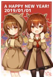 Rule 34 | 2019, 2girls, animal costume, animal ears, black legwear, border, brown dress, brown eyes, brown hair, chinese zodiac, cowboy shot, dress, fang, folded ponytail, haiba 09, hair ornament, hairclip, happy new year, highres, ikazuchi (kancolle), inazuma (kancolle), kantai collection, long hair, long sleeves, multiple girls, neckerchief, new year, open mouth, pantyhose, pig ears, red neckerchief, short hair, signature, white border, year of the pig