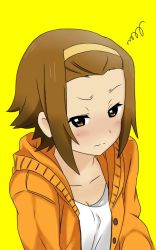 Rule 34 | 1girl, blush, brown eyes, brown hair, closed mouth, collarbone, commentary request, hairband, hood, hood down, hooded jacket, jacket, k-on!, looking at viewer, nekonopapa, open clothes, open jacket, orange jacket, shirt, short hair, simple background, solo, tainaka ritsu, upper body, white shirt, yellow background, yellow hairband