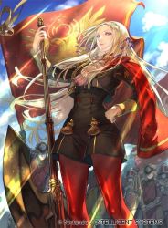 Rule 34 | 1girl, army, artist request, ascot, axe, banner, black jacket, black shorts, brooch, cape, cloud, cloudy sky, day, edelgard von hresvelg, fire emblem, fire emblem: three houses, fire emblem cipher, flag, formal, from below, garreg mach monastery uniform, gloves, hand on own hip, jacket, jewelry, long hair, long sleeves, nintendo, outdoors, pantyhose, parted bangs, platinum blonde hair, purple eyes, red cape, red pantyhose, shorts, sky, smile, soldier, solo focus, tagme, thick thighs, thighs, very long hair, white gloves