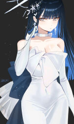 Rule 34 | 1girl, absurdres, artist name, black hair, blue archive, blue hair, blush, breasts, cleavage, closed mouth, colored inner hair, cowboy shot, dress, elbow gloves, gloves, grey eyes, haruri, highres, long hair, multicolored hair, official alternate costume, saori (blue archive), saori (dress) (blue archive), signature, sleeveless, sleeveless dress, solo, white dress, white gloves