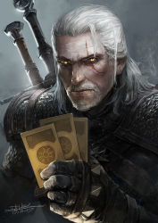 Rule 34 | 1boy, armor, artist request, beard, card, facial hair, geralt of rivia, gloves, long hair, looking at viewer, male focus, scar, scar across eye, scar on face, solo, sword, the witcher (series), the witcher 3, weapon, white hair, yellow eyes