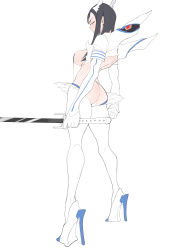 Rule 34 | 1girl, absurdres, ass, black eyes, black hair, brashear lushert, clenched hand, closed mouth, gloves, grey background, half-closed eyes, hatching (texture), high heels, highres, holding, holding sword, holding weapon, junketsu, kill la kill, kiryuuin satsuki, long hair, shiny skin, simple background, skindentation, solo, standing, sword, weapon, white footwear, white gloves, white legwear
