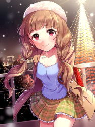 Rule 34 | 1girl, alternate hairstyle, arms behind back, blush, brown hair, christmas, christmas lights, christmas tree, cityscape, gift, highres, idolmaster, idolmaster cinderella girls, idolmaster cinderella girls starlight stage, jewelry, kamiya nao, leaning forward, long hair, red hair, skirt, smile, snow, solo, thick eyebrows, twintails, winter clothes, zattape