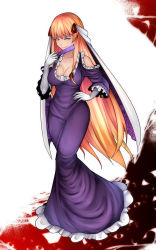 Rule 34 | 1girl, adapted costume, aoshima, bare shoulders, blonde hair, breasts, cleavage, clothing cutout, collarbone, commentary request, dress, folding fan, frilled dress, frilled sleeves, frills, gap (touhou), gloves, hand fan, hand on own hip, hand up, highres, holding, holding fan, large breasts, long dress, long hair, long sleeves, no headwear, petticoat, pink lips, purple dress, shoulder cutout, simple background, solo, thighs, touhou, veil, very long hair, white background, white gloves, wide sleeves, yakumo yukari, yellow eyes