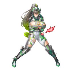 Rule 34 | 1girl, arm guards, armor, bodysuit, boots, breast hold, breasts, broken armor, broken helmet, broken wires, bursting breasts, cameltoe, clenched teeth, clover, clover ace, covered navel, defeat, english text, fang, full body, game cg, gloves, gluteal fold, green gloves, green hair, grey bodysuit, grey hair, groin tendon, hair between eyes, high heel boots, high heels, highres, holding own arm, huge breasts, last origin, legs apart, long hair, looking at viewer, armored boots, monitor, multicolored hair, obui, official art, open mouth, orange eyes, ponytail, shoulder armor, sign, simple background, skindentation, solo, streaked hair, teeth, torn bodysuit, torn boots, torn clothes, transparent background, two-tone hair, warning sign, white bodysuit, wire