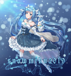 Rule 34 | 1girl, 2019, backless dress, backless outfit, blue background, blue eyes, blue footwear, blue hair, character name, detached collar, detached sleeves, dress, floating hair, full body, hair ornament, hatsune miku, high heels, highres, hiroshi taeru qwq, layered skirt, lens flare, long hair, long sleeves, looking at viewer, pleated skirt, pumps, skirt, sleeveless, sleeveless dress, smile, snowflake hair ornament, solo, striped clothes, striped dress, striped sleeves, thighhighs, twintails, very long hair, vocaloid, white background, white sleeves, white thighhighs, yuki miku