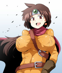Rule 34 | 1girl, :d, belt, belt buckle, blush, breasts, brown belt, brown eyes, brown gloves, brown hair, buckle, cape, dragon quest, dragon quest iii, earrings, gem, gloves, gradient background, hat, jewelry, large breasts, long hair, looking at viewer, mitre, open mouth, red cape, roto (dq3), slime (dragon quest), smile, solo, sugiura