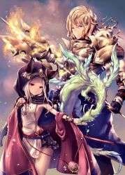 Rule 34 | 1boy, 1girl, armor, bird, black skirt, blonde hair, breastplate, cloak, closed mouth, ears through headwear, erune, fire, flat chest, granblue fantasy, hair between eyes, highres, holding, holding weapon, long hair, looking at viewer, misaki miso, naoise, outstretched arm, pauldrons, purple eyes, red eyes, scathacha (granblue fantasy), shoulder armor, silver hair, skirt, smile, standing, v-shaped eyebrows, weapon